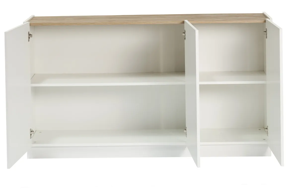 New Miliboo Aparador 3 puertas lacado blanco brillo y diseño madera clara 155 cm NELIO