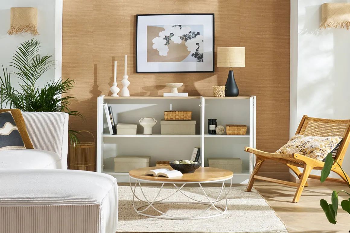 New Miliboo Aparador 3 puertas lacado blanco brillo y diseño madera clara 155 cm NELIO