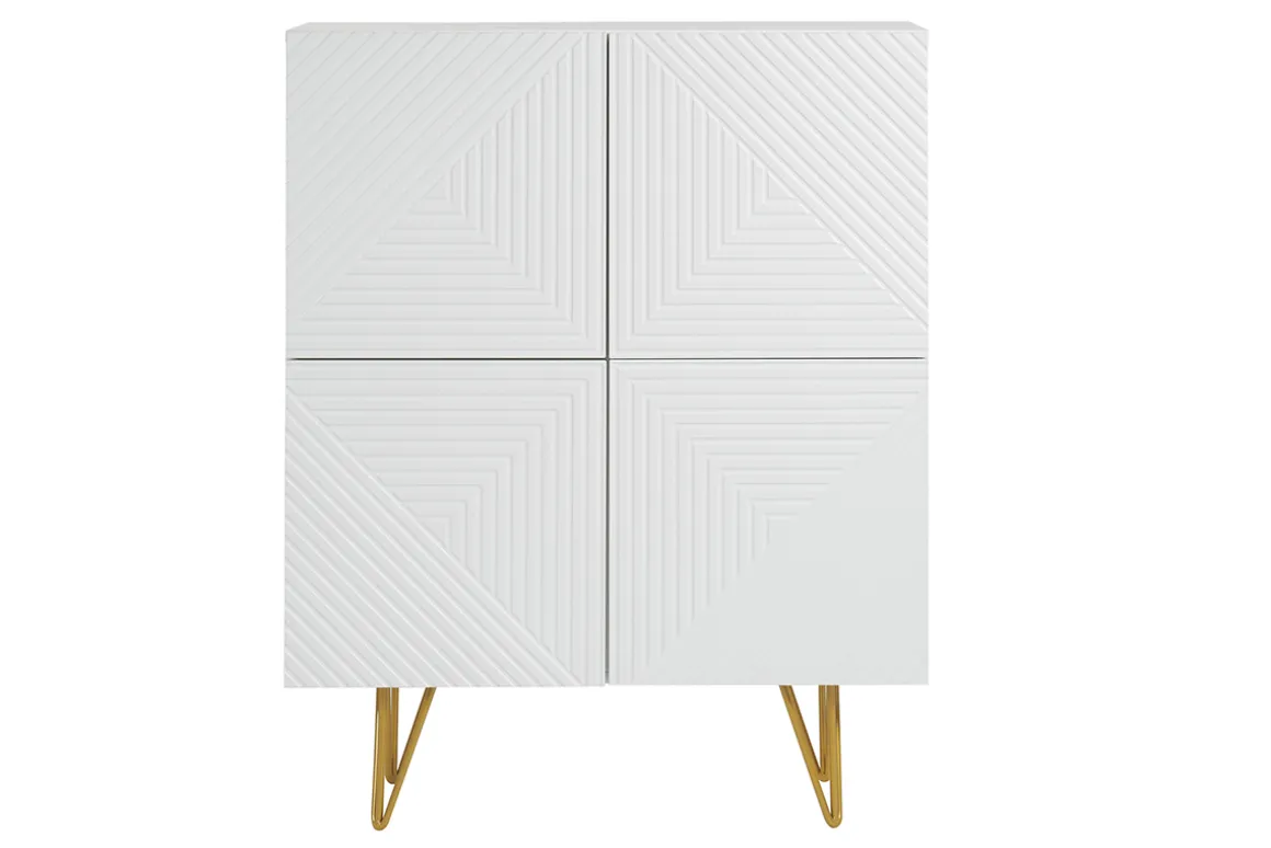 Fashion Miliboo Aparador alto de diseño con 4 puertas y grabados de metal blanco mate y dorado 86 cm OZEN