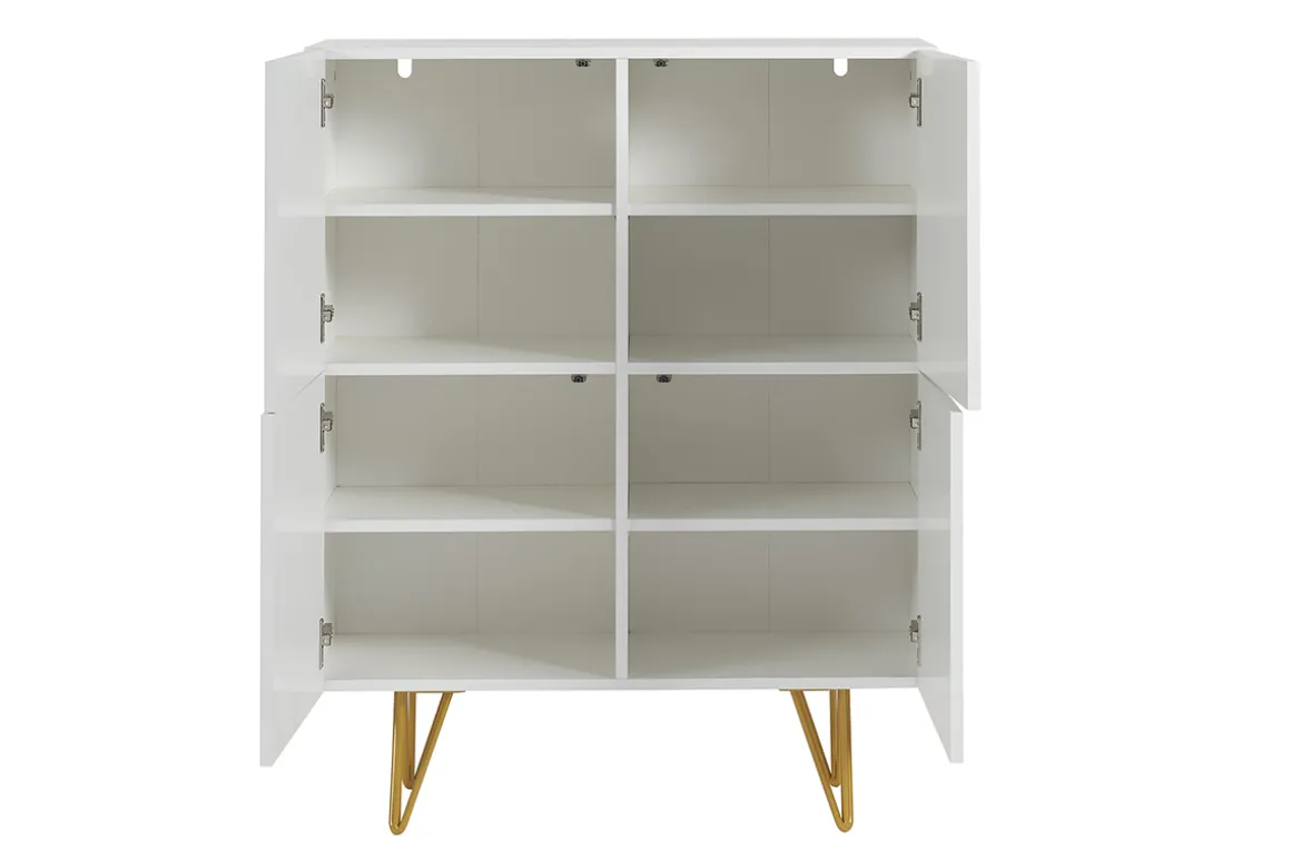 Fashion Miliboo Aparador alto de diseño con 4 puertas y grabados de metal blanco mate y dorado 86 cm OZEN