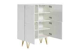 Fashion Miliboo Aparador alto de diseño con 4 puertas y grabados de metal blanco mate y dorado 86 cm OZEN