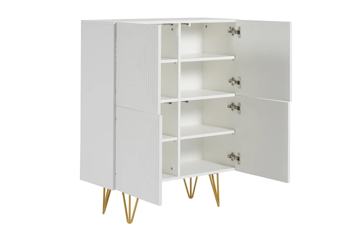 Fashion Miliboo Aparador alto de diseño con 4 puertas y grabados de metal blanco mate y dorado 86 cm OZEN
