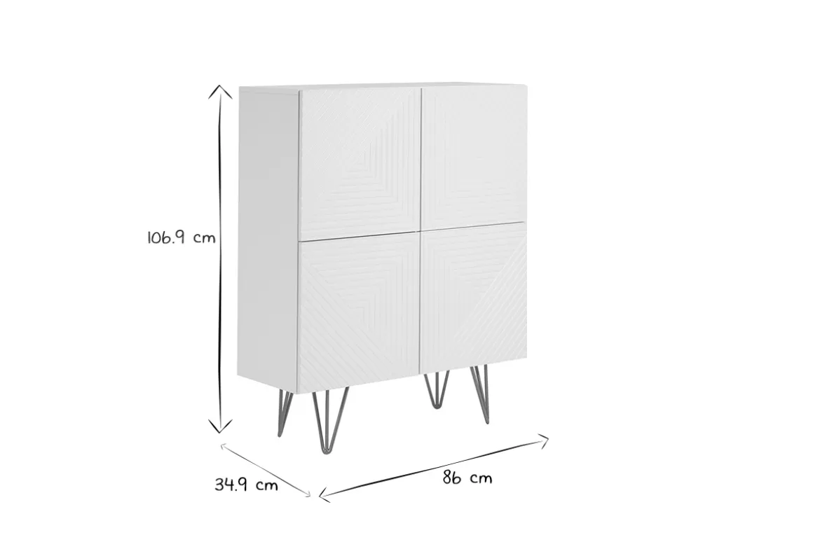 Fashion Miliboo Aparador alto de diseño con 4 puertas y grabados de metal blanco mate y dorado 86 cm OZEN