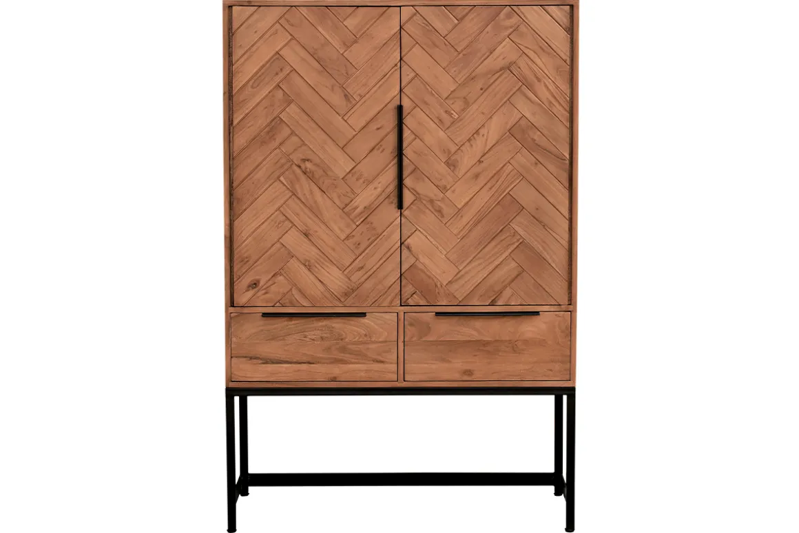 New Miliboo Aparador alto de madera maciza en espiga y metal negro con 2 puertas y 2 cajones STICK