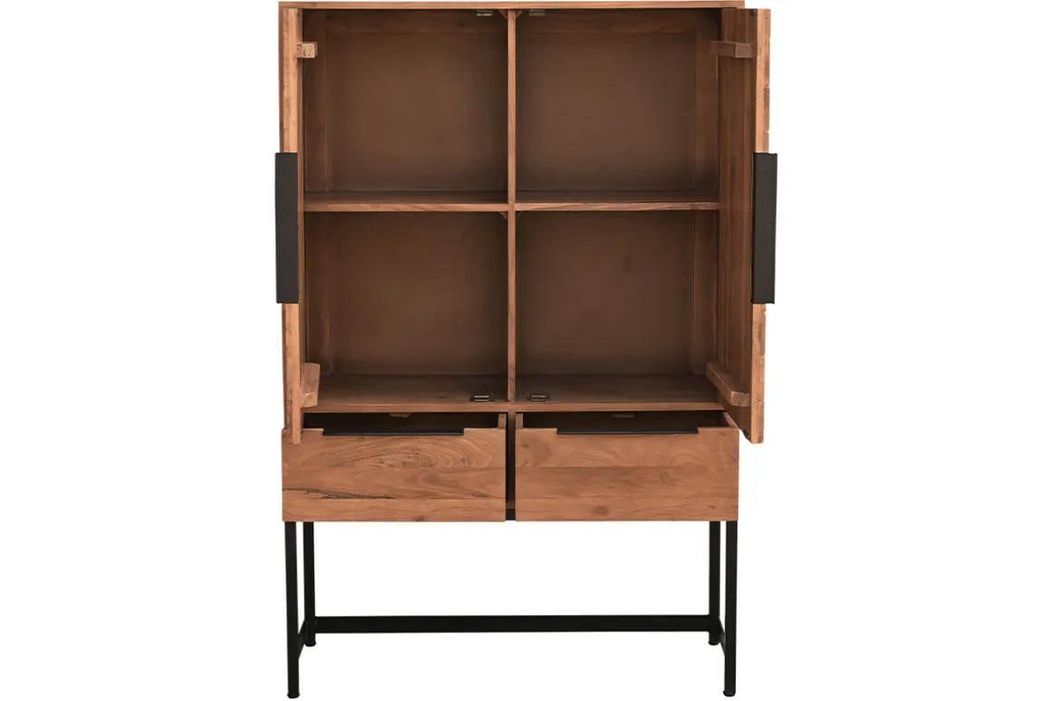 New Miliboo Aparador alto de madera maciza en espiga y metal negro con 2 puertas y 2 cajones STICK
