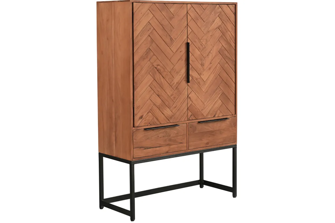 New Miliboo Aparador alto de madera maciza en espiga y metal negro con 2 puertas y 2 cajones STICK