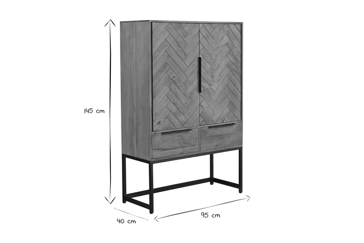 New Miliboo Aparador alto de madera maciza en espiga y metal negro con 2 puertas y 2 cajones STICK