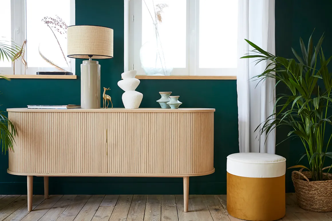Best Sale Miliboo Aparador con puertas correderas de contrachapado de roble y roble macizo 160 cm EPIC