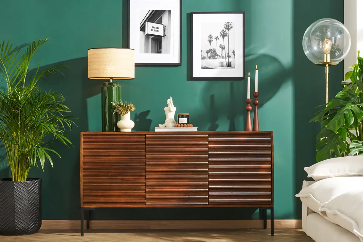 Online Miliboo Aparador de 3 puertas de madera oscura maciza de mango y metal negro 140 cm ONDA
