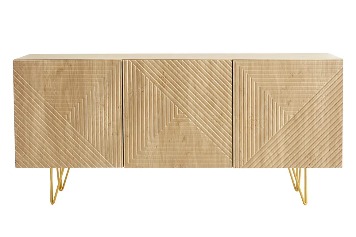 Sale Miliboo Aparador de diseño de madera de roble claro con grabados y metal dorado 3 puertas 160 cm OZEN