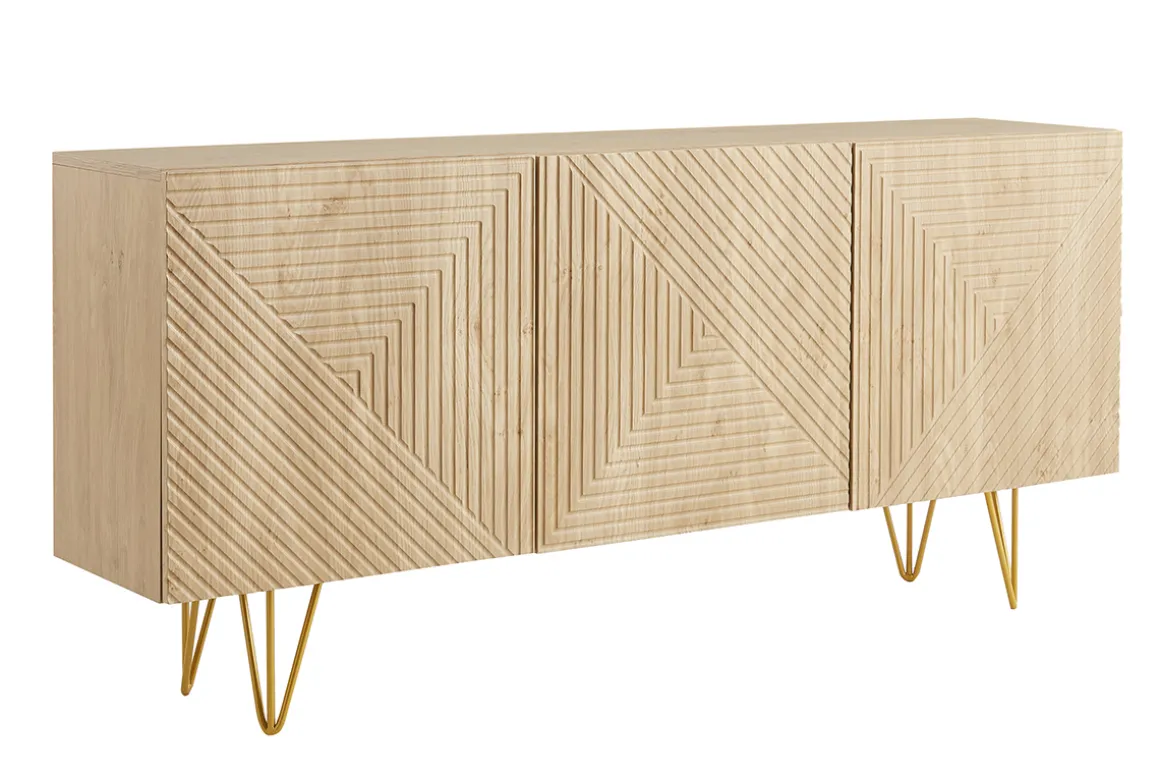 Sale Miliboo Aparador de diseño de madera de roble claro con grabados y metal dorado 3 puertas 160 cm OZEN