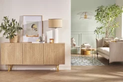 Sale Miliboo Aparador de diseño de madera de roble claro con grabados y metal dorado 3 puertas 160 cm OZEN