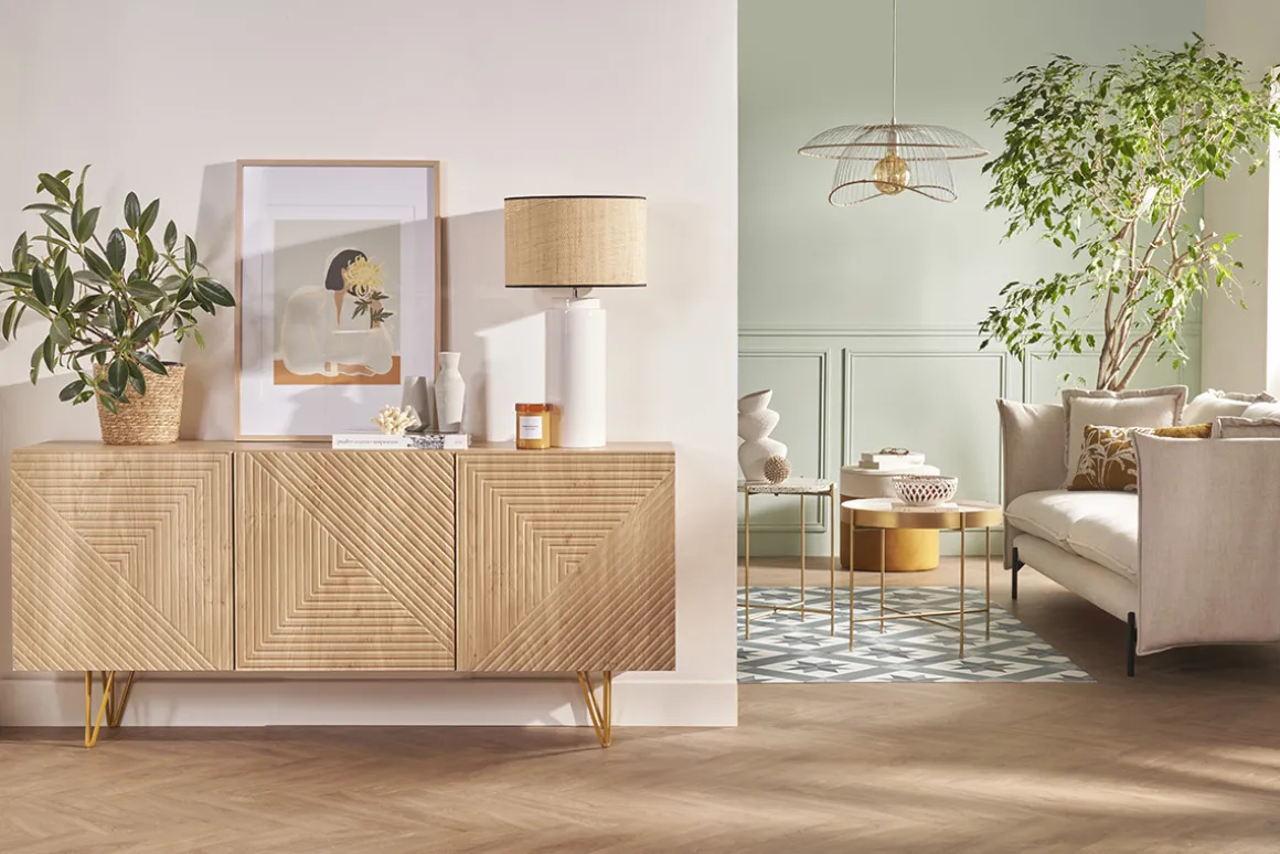 Sale Miliboo Aparador de diseño de madera de roble claro con grabados y metal dorado 3 puertas 160 cm OZEN