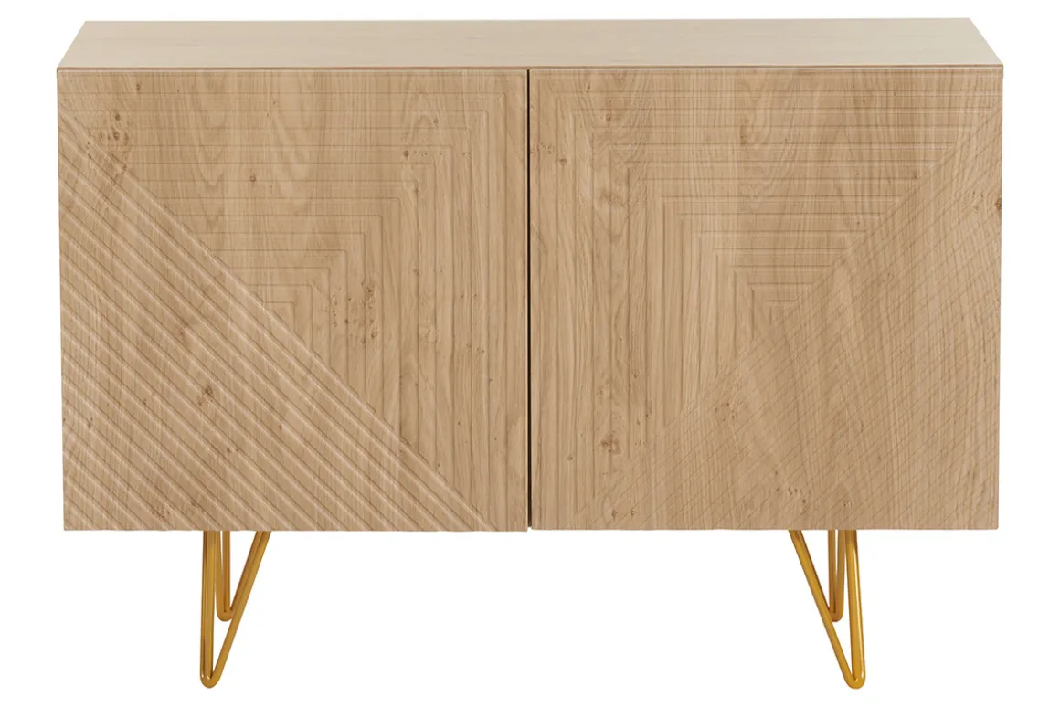 Store Miliboo Aparador de diseño de madera de roble claro con grabados y metal dorado 2 puertas 107 cm OZEN