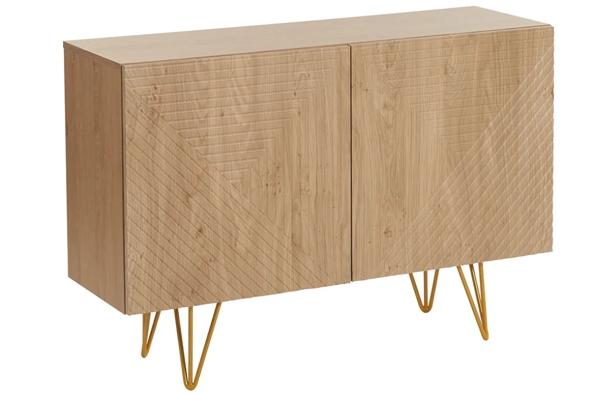 Store Miliboo Aparador de diseño de madera de roble claro con grabados y metal dorado 2 puertas 107 cm OZEN