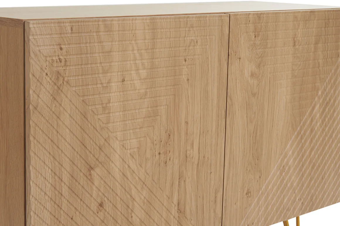Store Miliboo Aparador de diseño de madera de roble claro con grabados y metal dorado 2 puertas 107 cm OZEN