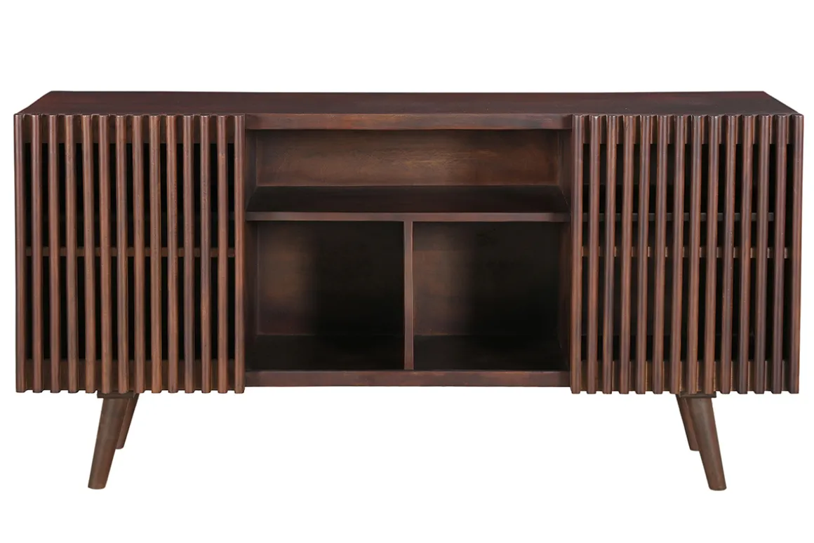 Best Sale Miliboo Aparador de madera maciza de mango oscuro con 2 puertas correderas 140 cm ALBA