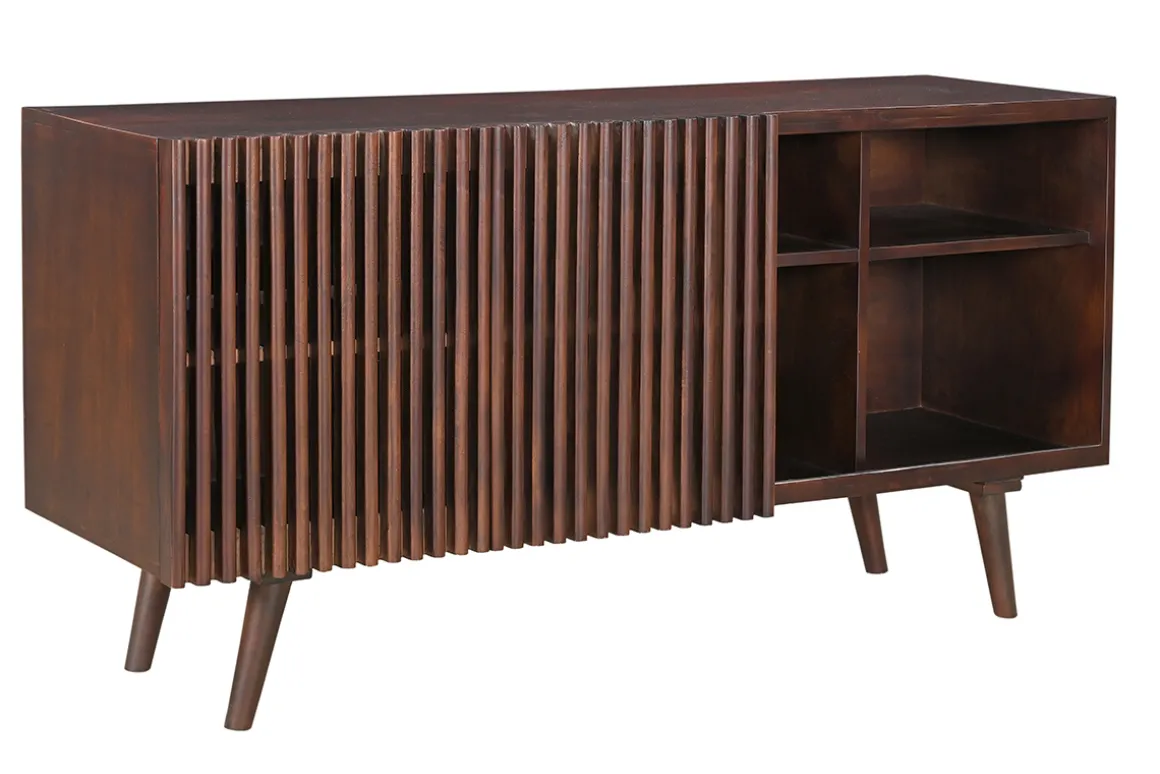 Best Sale Miliboo Aparador de madera maciza de mango oscuro con 2 puertas correderas 140 cm ALBA