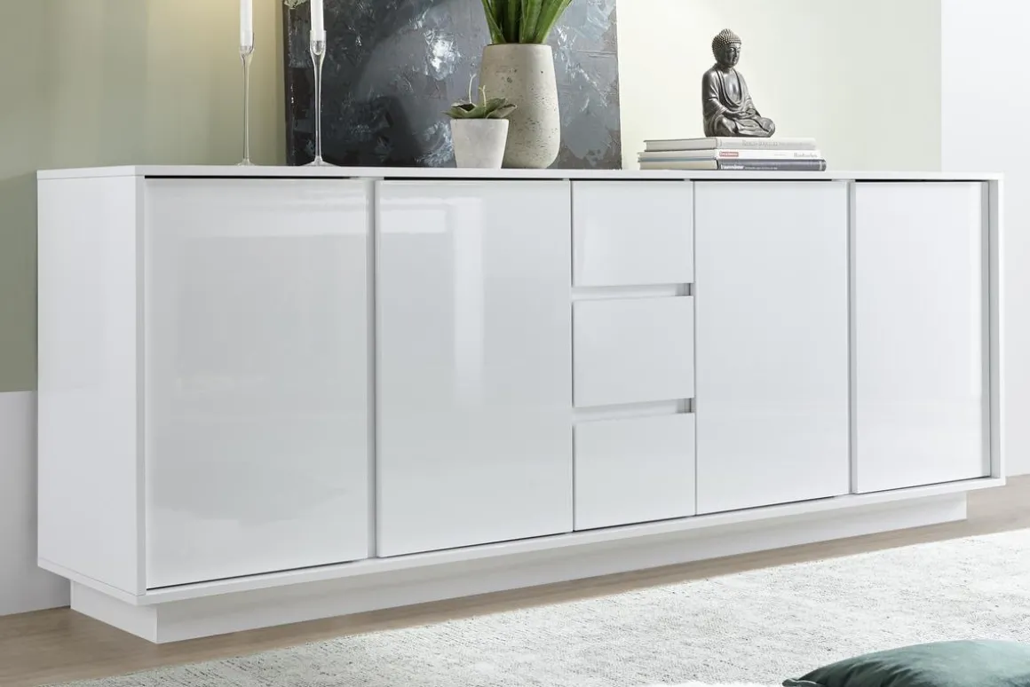 Clearance Miliboo Aparador de 4 puertas con 3 cajones blanco lacado brillante 210 cm COMO