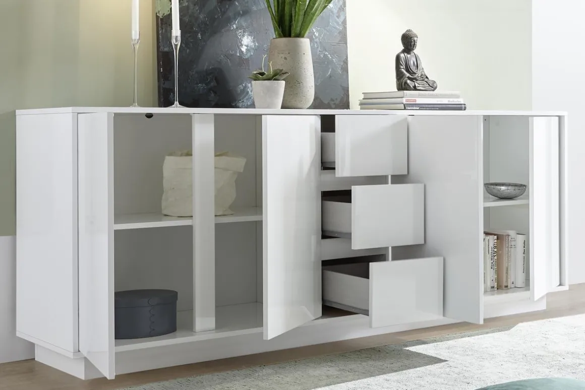 Clearance Miliboo Aparador de 4 puertas con 3 cajones blanco lacado brillante 210 cm COMO