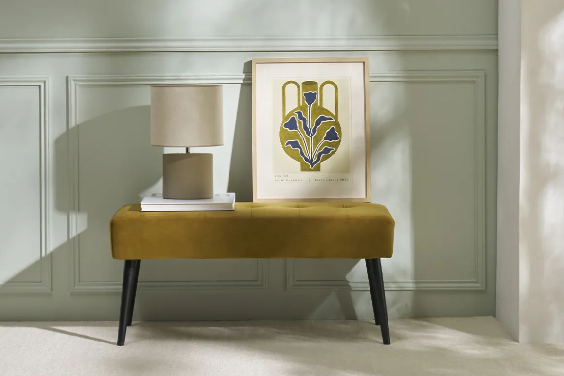 Discount Miliboo Banco de diseño capitoné de terciopelo color bronce y metal negro 95 cm GUESTA