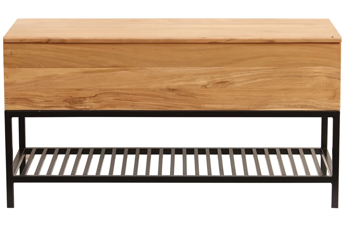 Shop Miliboo Banco de entrada de estilo industrial con espacio de almacenaje de acacia maciza y metal negro SORG