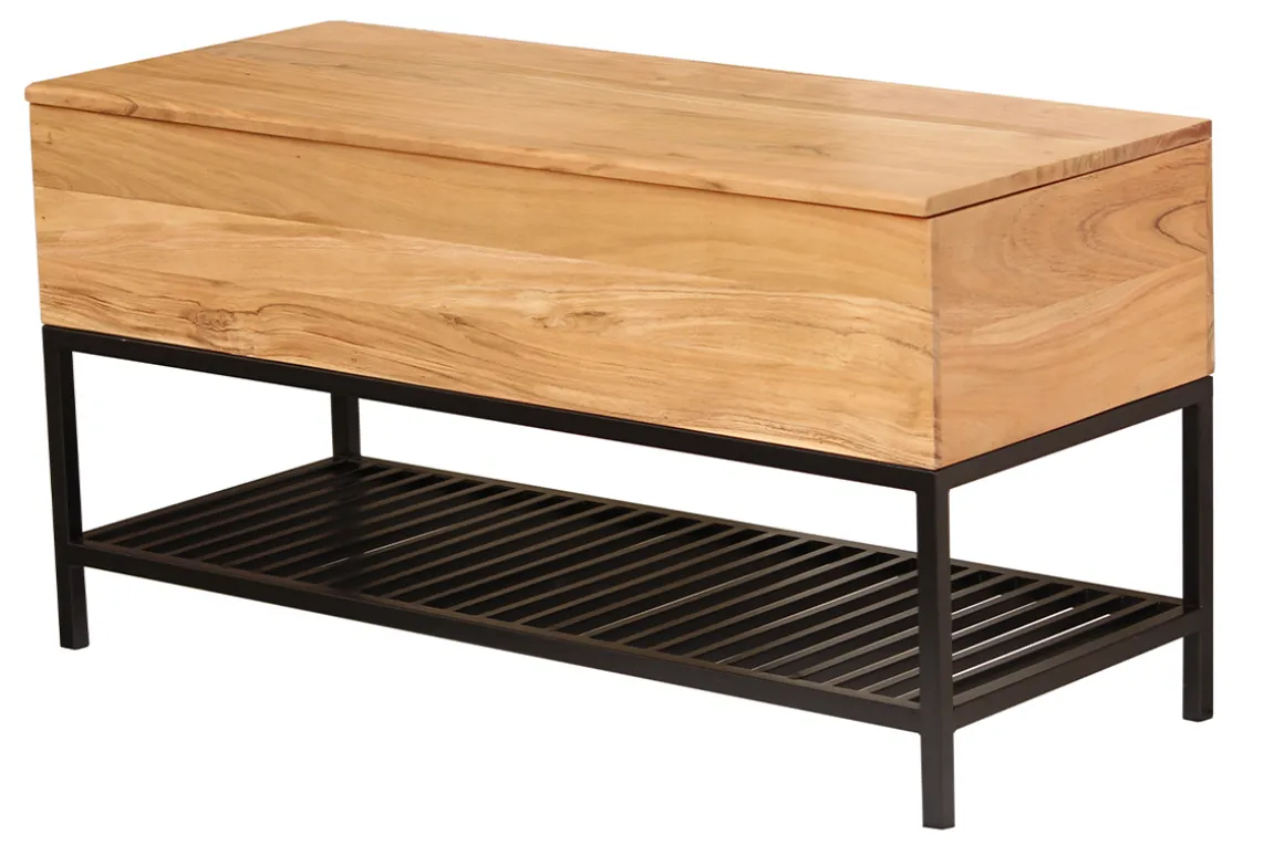 Shop Miliboo Banco de entrada de estilo industrial con espacio de almacenaje de acacia maciza y metal negro SORG