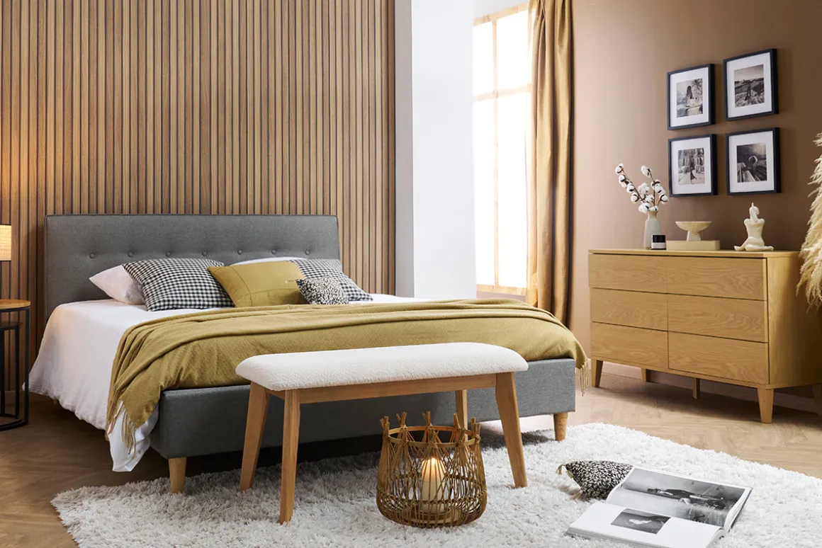 Online Miliboo Cama 2 plazas 160 x 200 cm con cabecero de cama de tela gris claro LEONCE