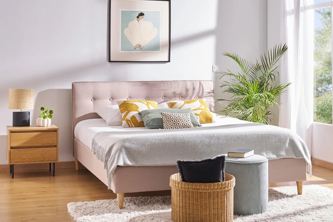 Store Miliboo Cama 2 plazas 160 x 200 cm con cabecero de cama de tela beige LEONCE