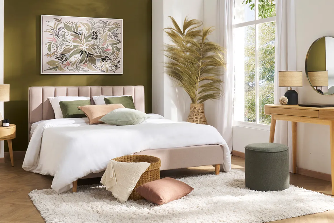 Cheap Miliboo Cama 2 plazas 160 x 200 cm de tela beige DIANE