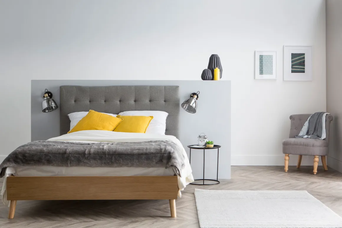 Sale Miliboo Cama adulto escandinavo madera y tejido gris 140 x 200cm LYNN
