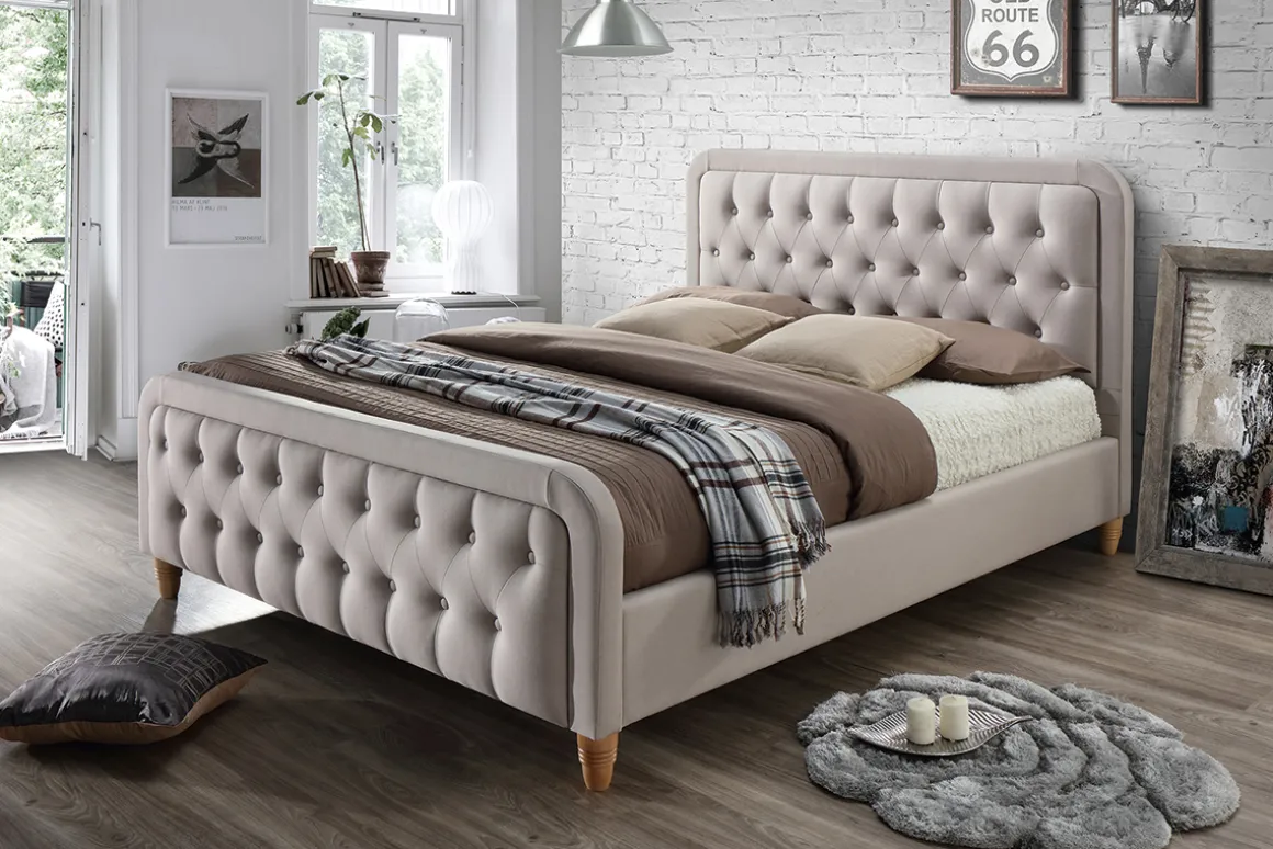 New Miliboo Cama capitoné tejido beige 160 x 200cm KRISTEN