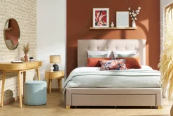 Best Miliboo Cama con cajones 2 plazas 160 x 200 cm de tela beige RENO
