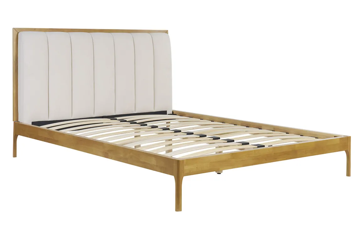 Fashion Miliboo Cama de 2 plazas 160 x 200 cm de madera clara y tejido gris claro RONN