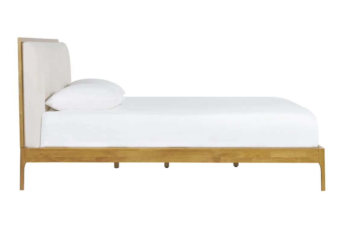 Fashion Miliboo Cama de 2 plazas 160 x 200 cm de madera clara y tejido gris claro RONN