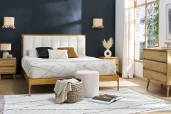 Fashion Miliboo Cama de 2 plazas 160 x 200 cm de madera clara y tejido gris claro RONN