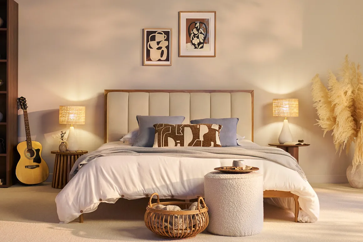 Fashion Miliboo Cama de 2 plazas 160 x 200 cm de madera clara y tejido gris claro RONN