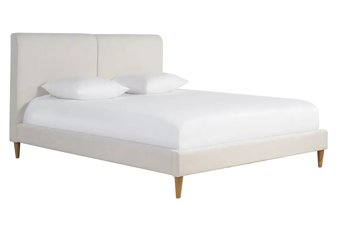 Store Miliboo Cama de 2 plazas 160 x 200 cm de tela beige y madera clara SALOME