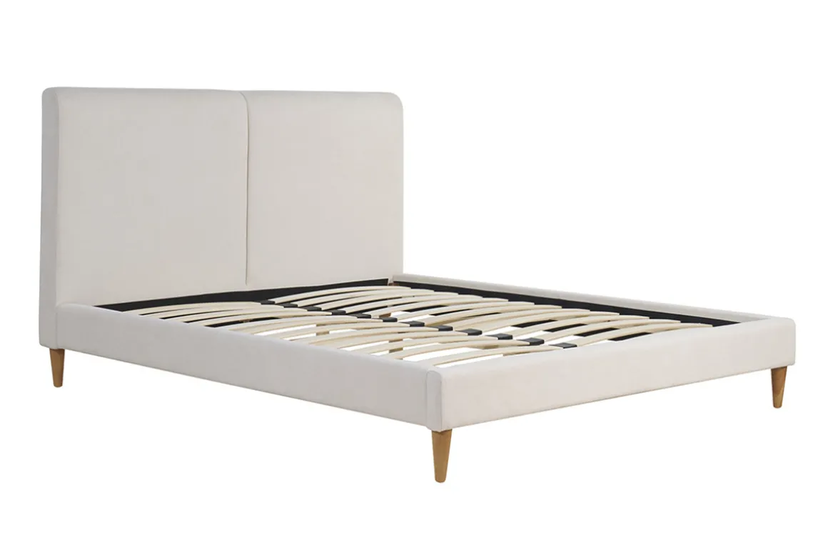 Store Miliboo Cama de 2 plazas 160 x 200 cm de tela beige y madera clara SALOME
