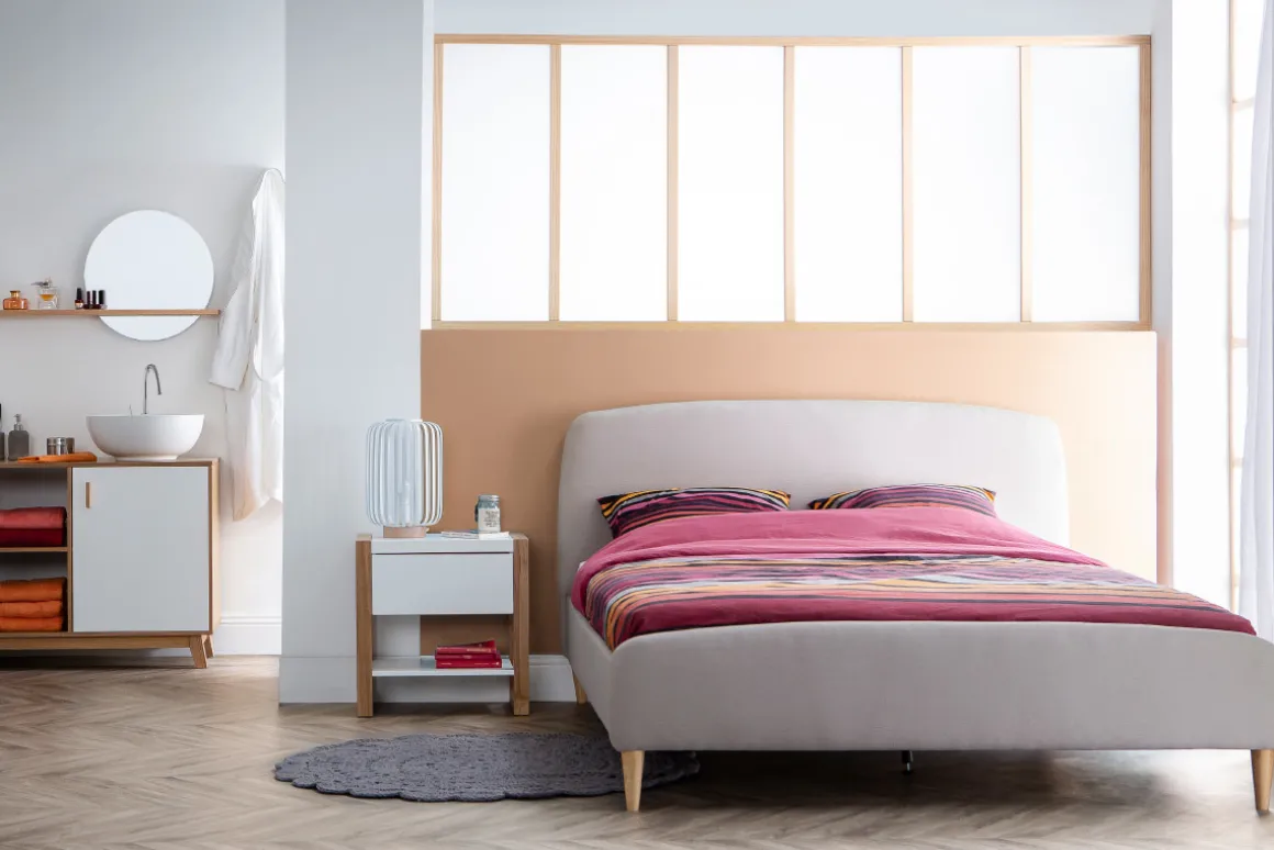 Store Miliboo Cama escandinava 140 x 200cm tejido beige NIELS
