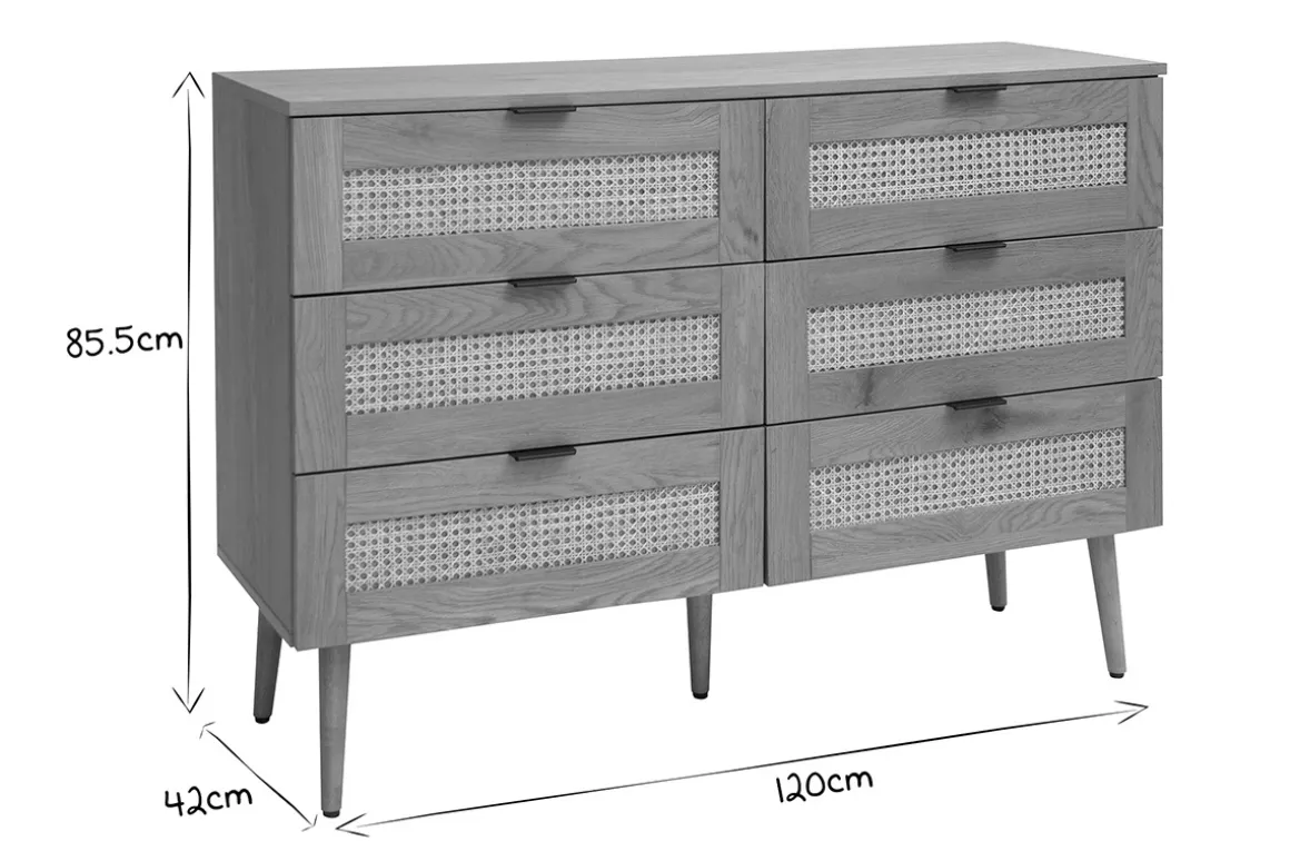Fashion Miliboo Cómoda acabado en madera clara, rejilla de ratán y metal negro 3 cajones L120 cm MANILLE