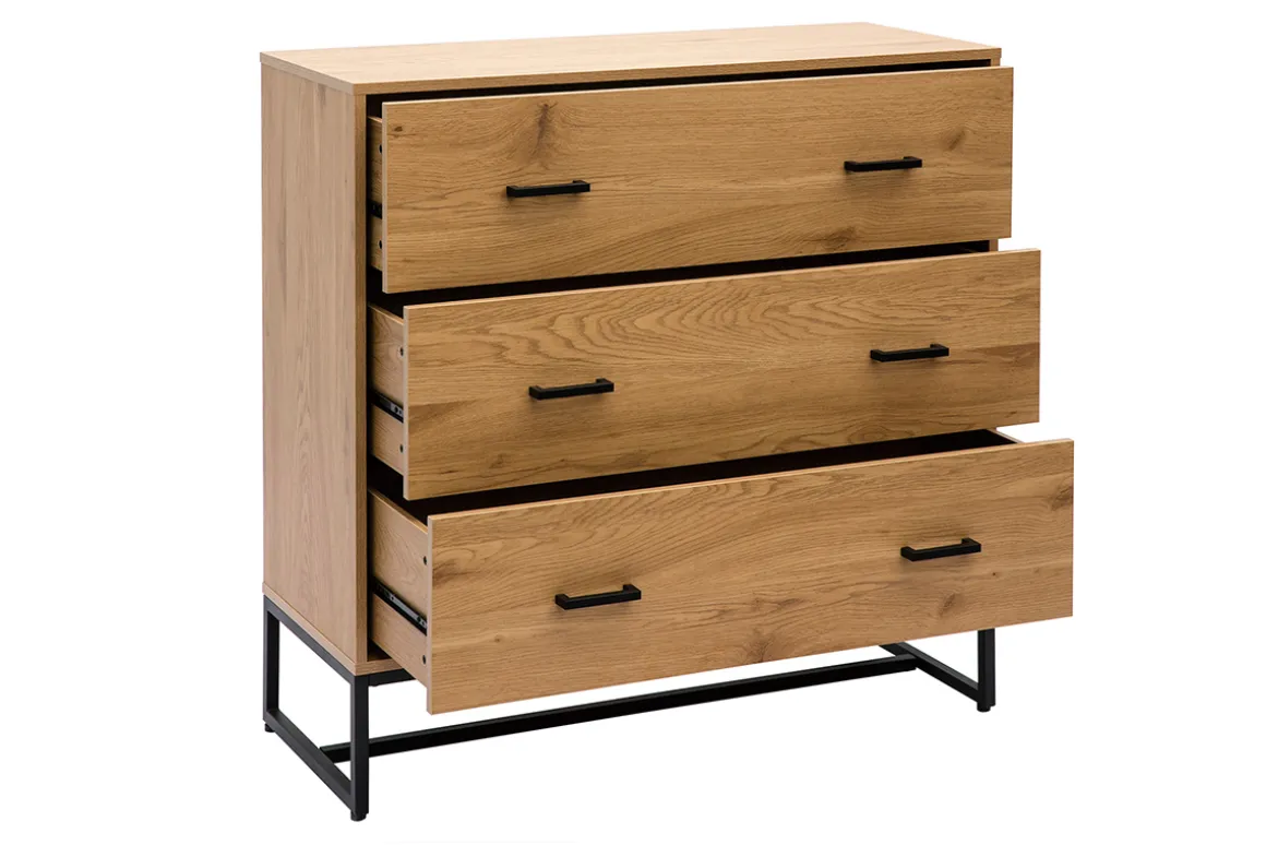 Outlet Miliboo Cómoda de 3 cajones con acabado de roble claro y metal negro 100 cm LOVATO