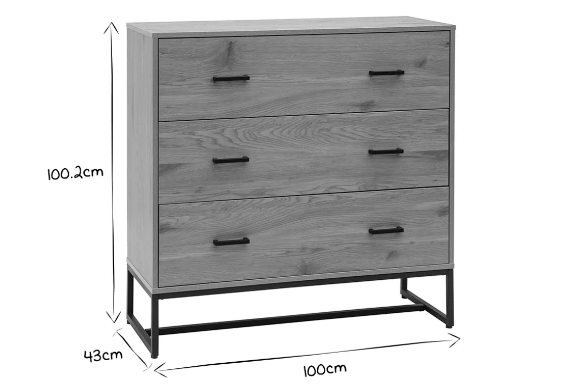 Outlet Miliboo Cómoda de 3 cajones con acabado de roble claro y metal negro 100 cm LOVATO