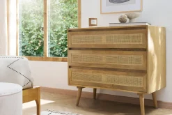 Cheap Miliboo Cómoda de madera maciza de mango y caña de ratán 3 cajones 90 cm ACANGE