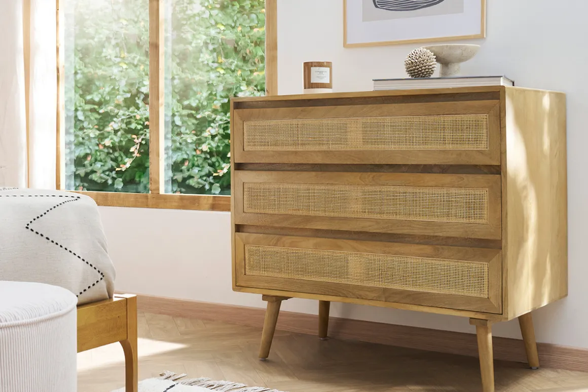 Cheap Miliboo Cómoda de madera maciza de mango y caña de ratán 3 cajones 90 cm ACANGE