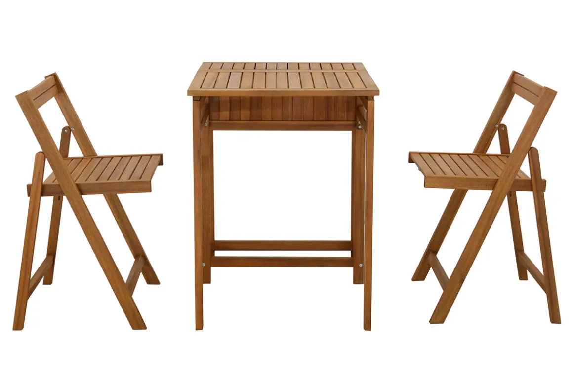 Hot Miliboo Conjunto de 2 sillas plegables y 1 mesa de balcón abatible con almacenaje de madera maciza PRADO