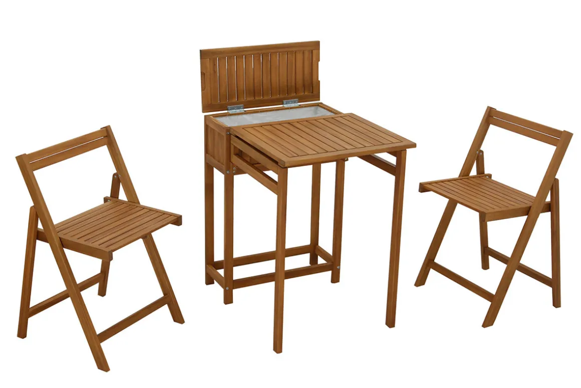 Hot Miliboo Conjunto de 2 sillas plegables y 1 mesa de balcón abatible con almacenaje de madera maciza PRADO