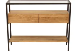 Store Miliboo Consola de madera maciza de mango y tablero de cristal con 2 cajones 100 cm SITA
