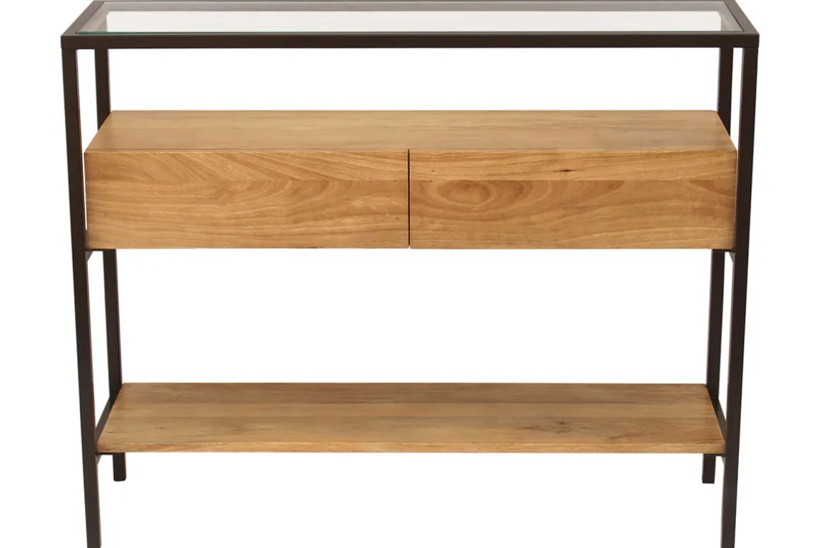 Store Miliboo Consola de madera maciza de mango y tablero de cristal con 2 cajones 100 cm SITA