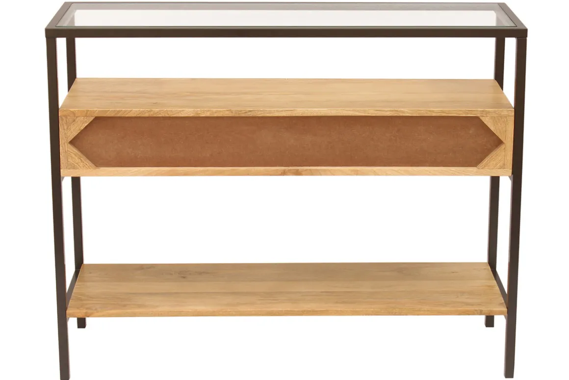 Store Miliboo Consola de madera maciza de mango y tablero de cristal con 2 cajones 100 cm SITA